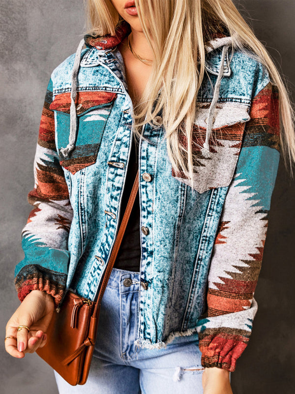 Women's western style denim patchwork hooded jacket - K - 2 PATTERNS -