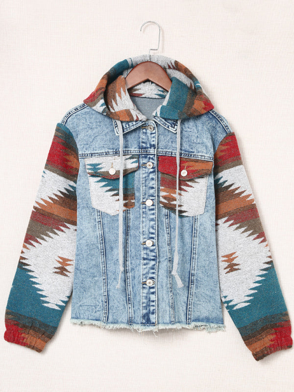 Women's western style denim patchwork hooded jacket - K - 2 PATTERNS -