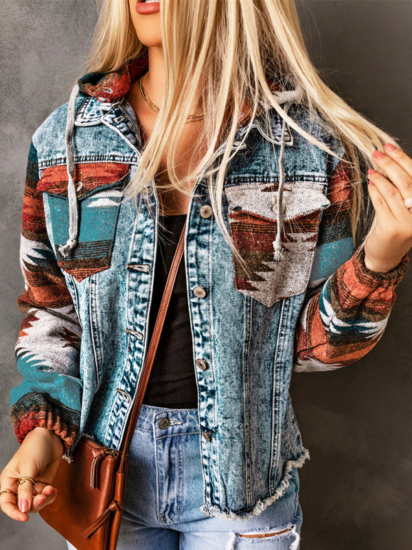 Women's western style denim patchwork hooded jacket - K - 2 PATTERNS -