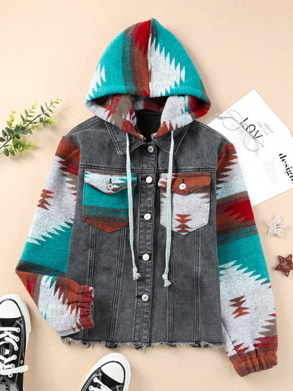 Women's western style denim patchwork hooded jacket - K - 2 PATTERNS -