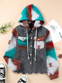 Thumbnail for Women's western style denim patchwork hooded jacket - K - 2 PATTERNS -