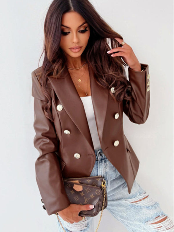 Women's new long-sleeved double-breasted fashionable PU leather Jacket - K - 4 COLORS -