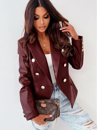 Thumbnail for Women's new long-sleeved double-breasted fashionable PU leather Jacket - K - 4 COLORS -