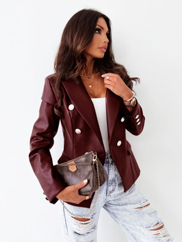 Women's new long-sleeved double-breasted fashionable PU leather Jacket - K - 4 COLORS -