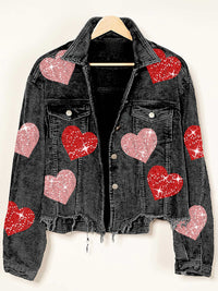 Thumbnail for Valentine's Day Love Sequin Jacket Raw Edge Corduroy Women's Jacket - K - 4 COLORS -