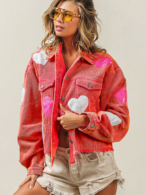 Valentine's Day Love Sequin Jacket Raw Edge Corduroy Women's Jacket - K - 4 COLORS -