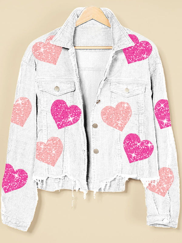 Valentine's Day Love Sequin Jacket Raw Edge Corduroy Women's Jacket - K - 4 COLORS -