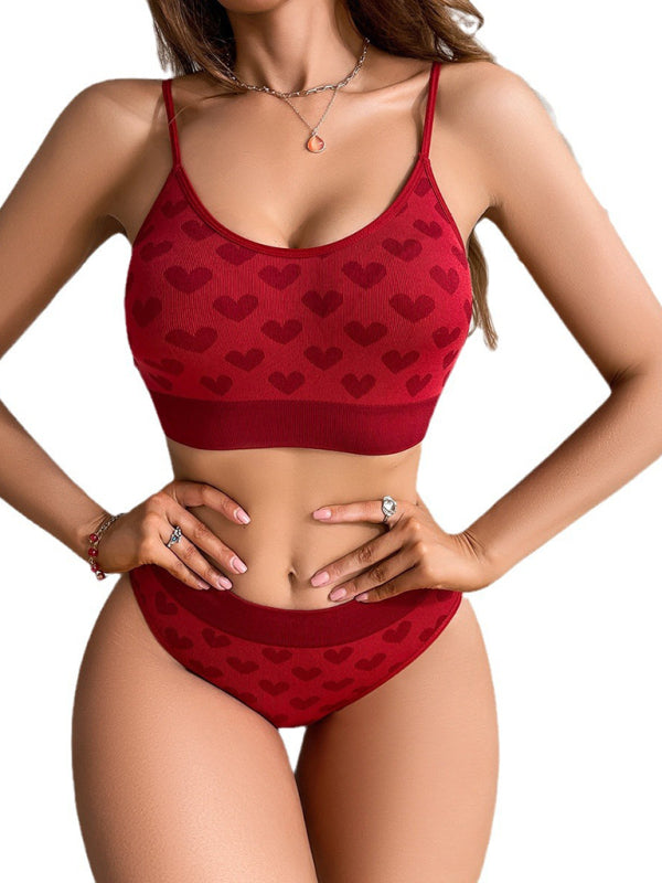 Women's New Valentine's Day Red Love Breathable Thin Strap Adjustable Seamless Underwear Set - 2 PCS. - K - 2 COLORS -