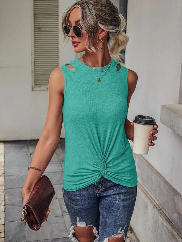 Women's Solid Color Cutout Knot Front Tank Top - K - 9 COLORS -