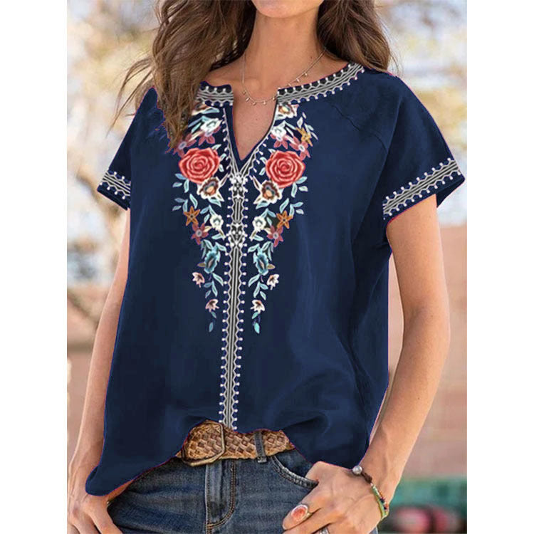 Women's Floral Print Short Sleeve T-Shirt Top - K - 3 COLORS -