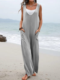 Thumbnail for Solid color patch pocket fashion jumpsuit V-neck overalls wide-leg  Beach & everyday trousers - K - 5 COLORS -