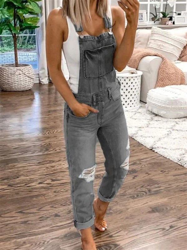 Double shoulder suspenders - ripped denim jumpsuit overalls - women's casual - K - 3 COLORS -