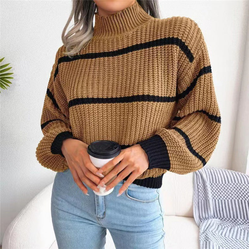 Women's Casual Striped Balloon Sleeve Turtleneck Sweater - K - 3 COLORS -