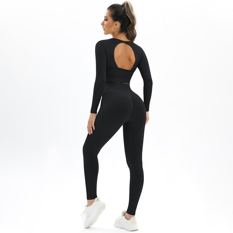 Women's seamless body-fitting beautiful back high elastic long-sleeved sports two-piece suit - K - 6 COLORS -