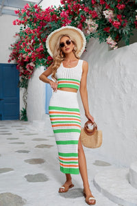 Thumbnail for Women's Striped Hollow Short Vest + Slit Long Skirt Two-Piece Suit - Beach or Everyday - K - 4 COLORS -