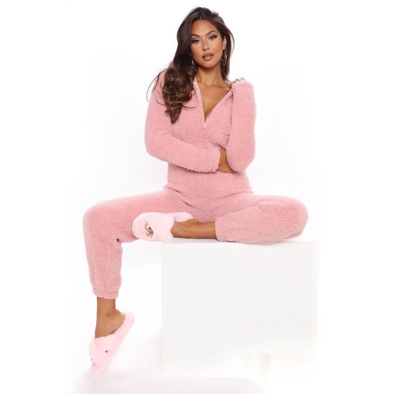 Long Sleeve Hooded Casual Jumpsuit Pants Plush Loungewear - K - 7 COLORS -