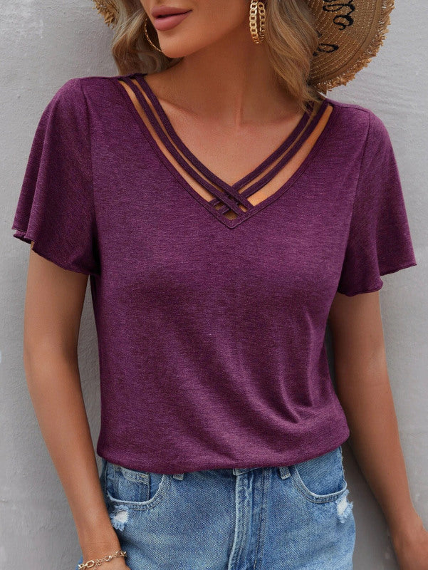 Women's Solid Color Cross Straps V-Neck Tee - K - 6 COLORS -