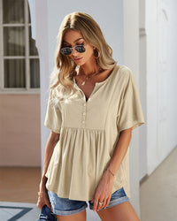 Thumbnail for New casual V-neck solid color babydoll short-sleeved T-shirt - K - 3 COLORS -