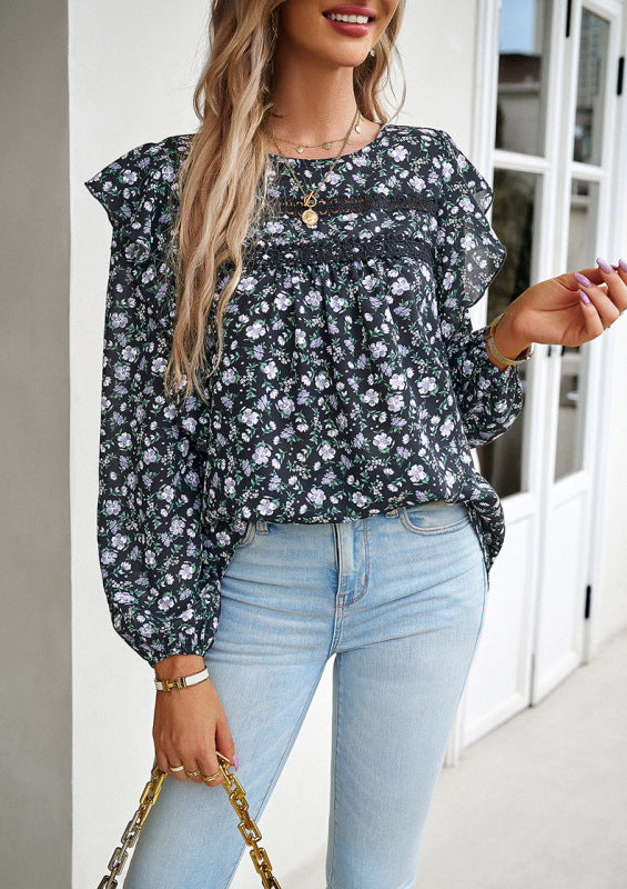 New women's round neck floral long-sleeved top - K - 2 COLORS -