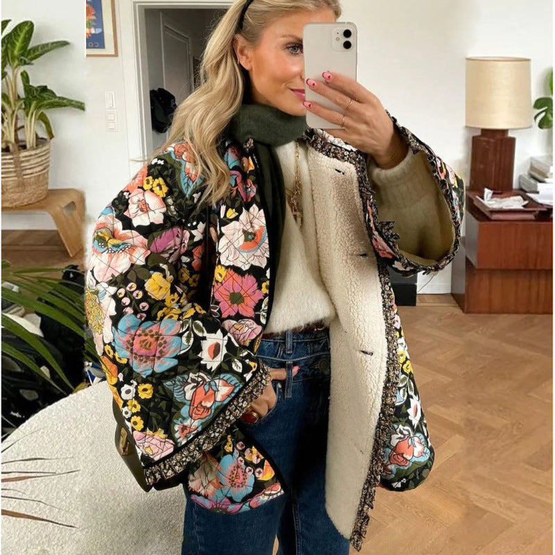 Trendy Loose Winter Print Quilted Jacket - K - 1 COLOR -