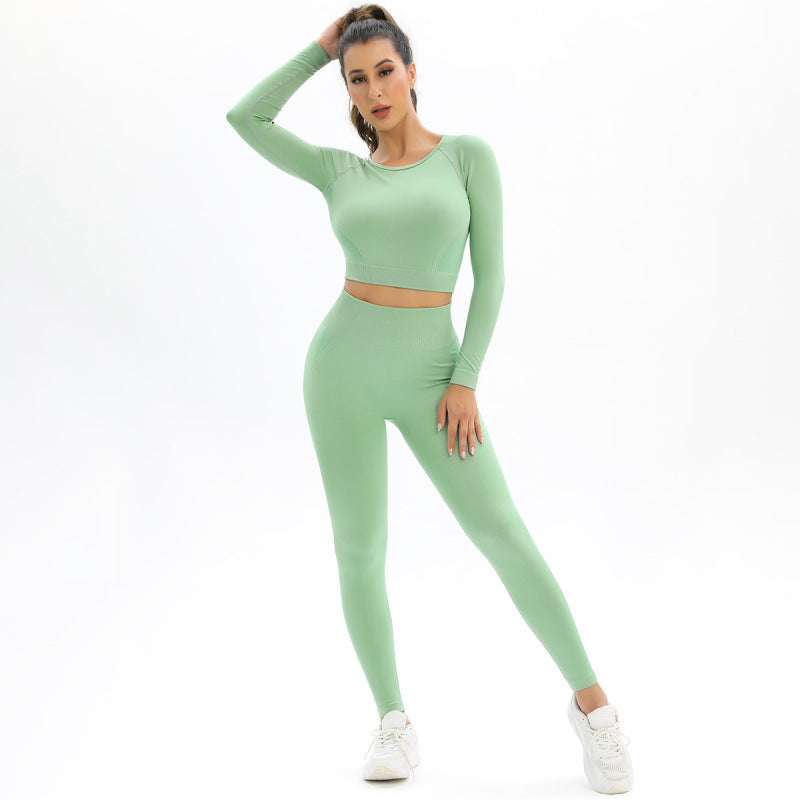 Women's seamless body-fitting beautiful back high elastic long-sleeved sports two-piece suit - K - 6 COLORS -