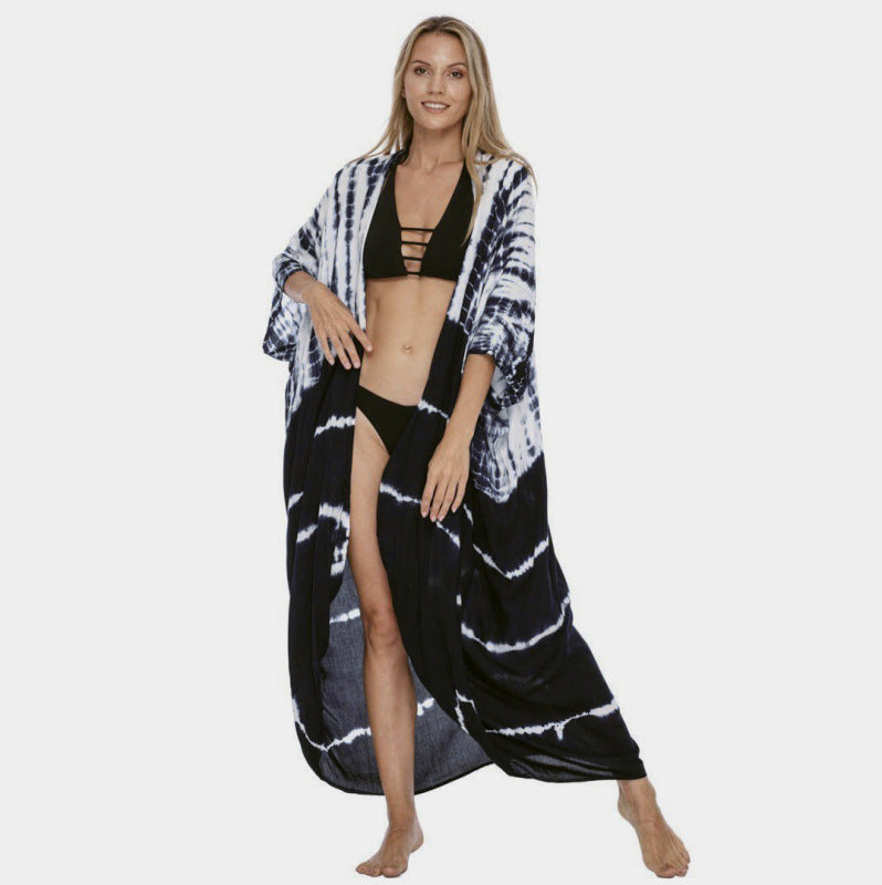 Beach Cover-Up Rayon Tie-Dye Graphic Print Sunscreen Cardigan - K - 10 PATTERNS -