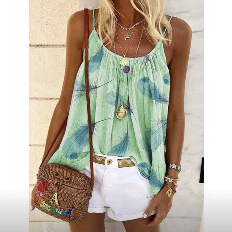 Women's New Tops Loose Feather Print Camisole T-Shirt - K - 5 COLORS -