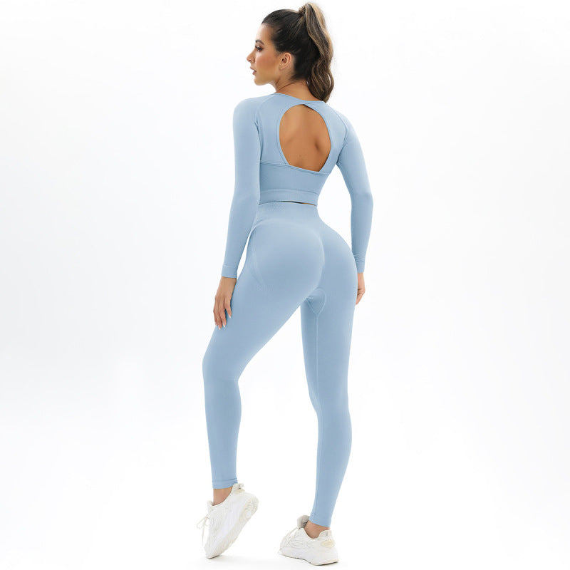 Women's seamless body-fitting beautiful back high elastic long-sleeved sports two-piece suit - K - 6 COLORS -