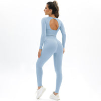 Thumbnail for Women's seamless body-fitting beautiful back high elastic long-sleeved sports two-piece suit - K - 6 COLORS -