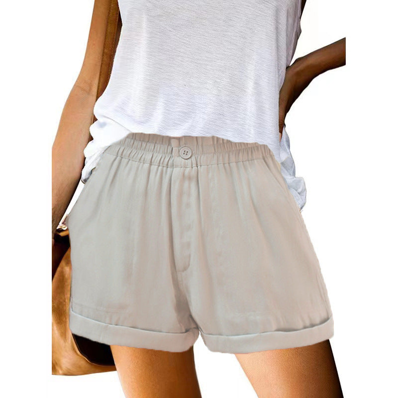 Women's Elastic Solid Color Buckle Zipper Pocket Casual Shorts - K - 5 COLORS -