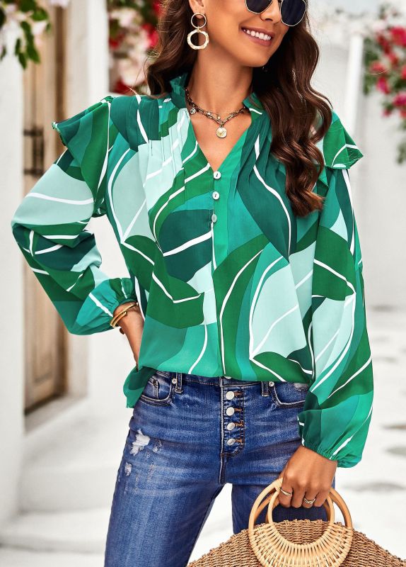 New temperament casual plant floral print long-sleeved shirt top - K - 3 PATTERNS/COLORS -