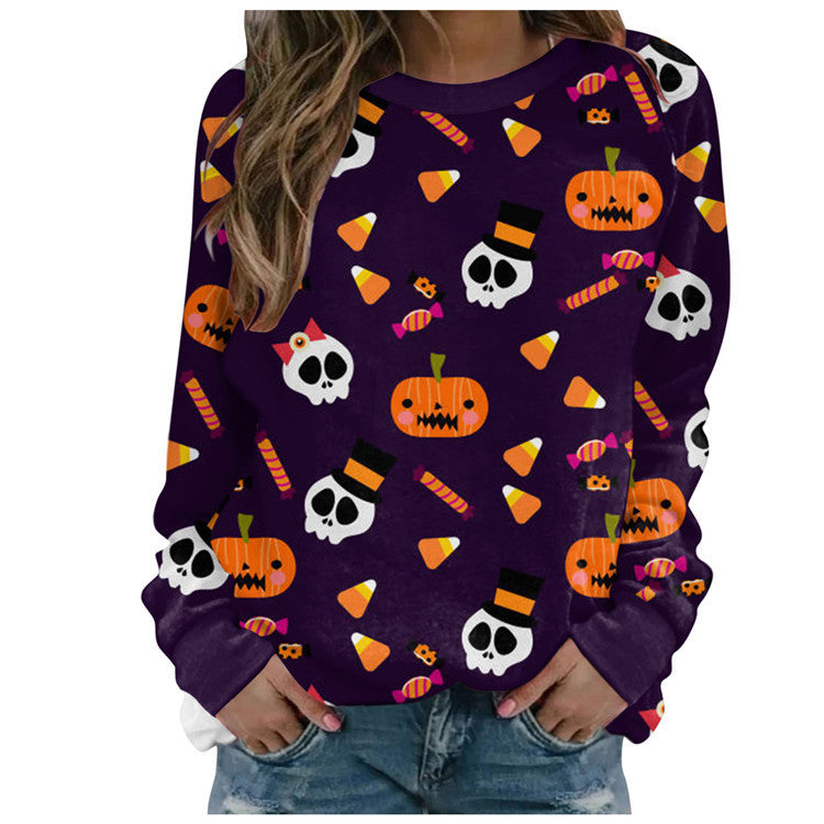 Women's Halloween printed long-sleeved loose sweatshirt  - K - 10 PATTERNS - CHECK US OUT! -