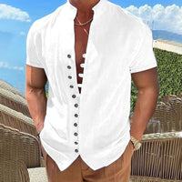 Thumbnail for New Vintage Button Stand Collar Short Sleeve Shirt - K - 6 COLORS -