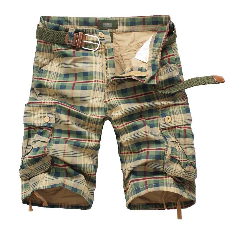 Cargo Shorts Men's Sweatpants Half Pocket Plaid Shorts - K - 2 PLAIDS -