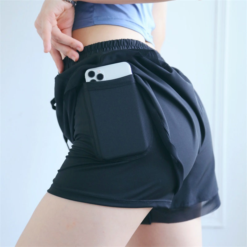 New Fake Two Piece Gym Shorts Women High Waist Elastic Tight Sports Yoga Pants - K - 3 COLORS -