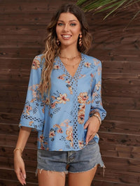 Thumbnail for Women's V-neck printed patchwork lace flared sleeve top - K - 5 COLORS / PATTERNS -