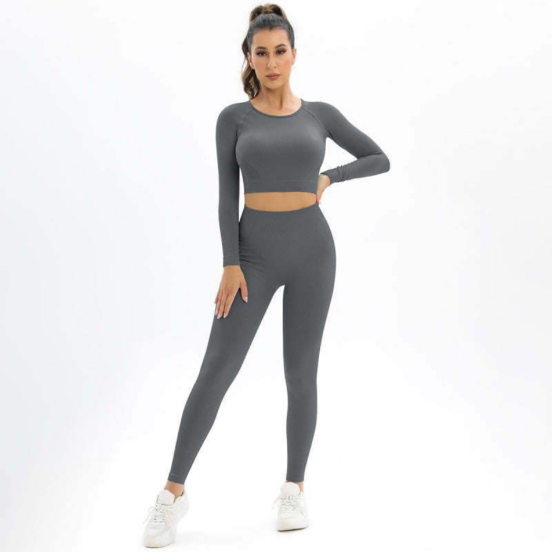 Women's seamless body-fitting beautiful back high elastic long-sleeved sports two-piece suit - K - 6 COLORS -