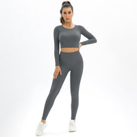 Thumbnail for Women's seamless body-fitting beautiful back high elastic long-sleeved sports two-piece suit - K - 6 COLORS -