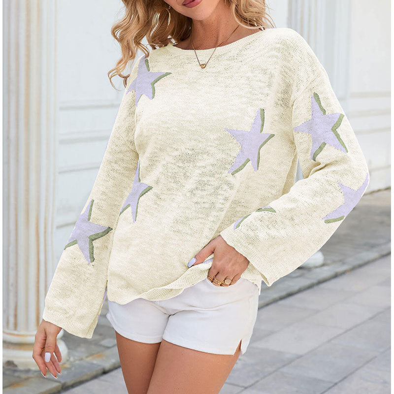 New five-pointed star knitted long-sleeved sweater - K - 3 COLORS