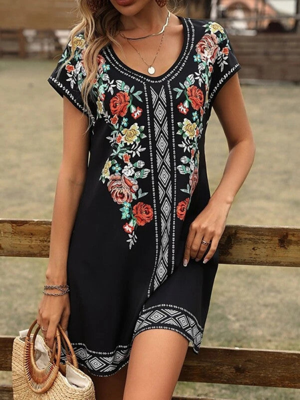 Women's Vintage Floral Print Short Sleeve Casual Dress - K - 3 COLORS -