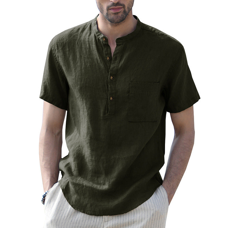 Men's Woven Casual Stand Collar Linen Short Sleeve Shirt - K - 8 COLORS -