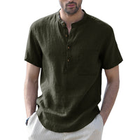 Thumbnail for Men's Woven Casual Stand Collar Linen Short Sleeve Shirt - K - 8 COLORS -