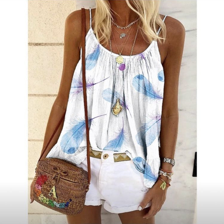 Women's New Tops Loose Feather Print Camisole T-Shirt - K - 5 COLORS -