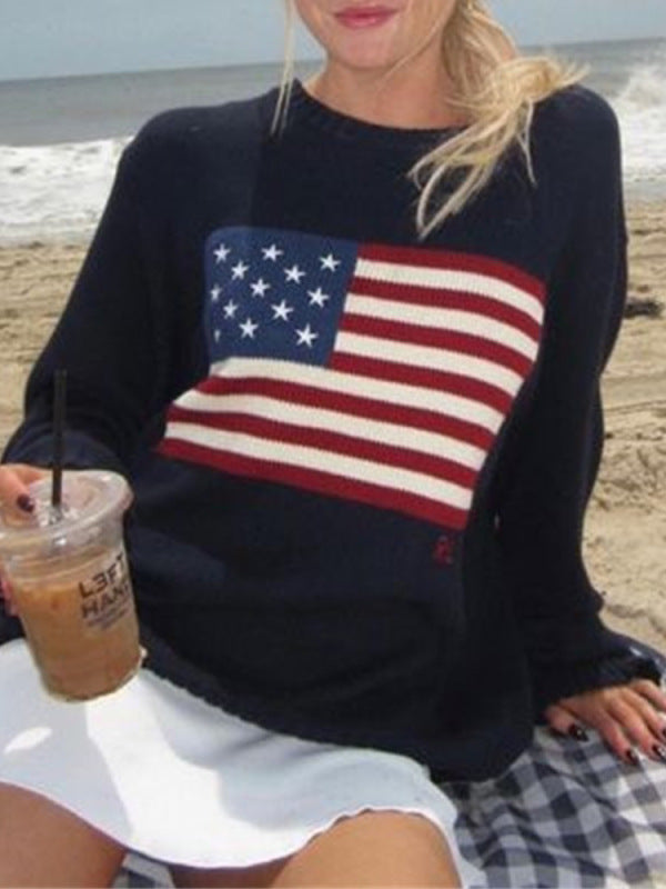 Loose American Flag Knit Long Sleeve Sweater - K - 1 COLOR -