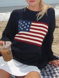 Thumbnail for Loose American Flag Knit Long Sleeve Sweater - K - 1 COLOR -