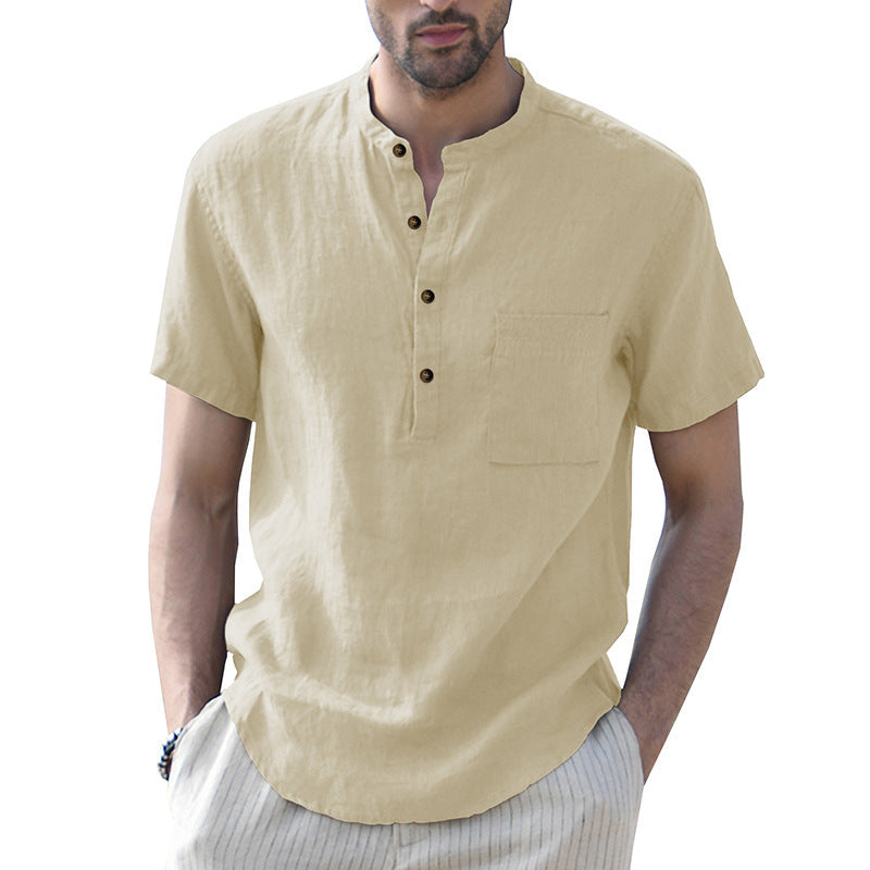 Men's Woven Casual Stand Collar Linen Short Sleeve Shirt - K - 8 COLORS -