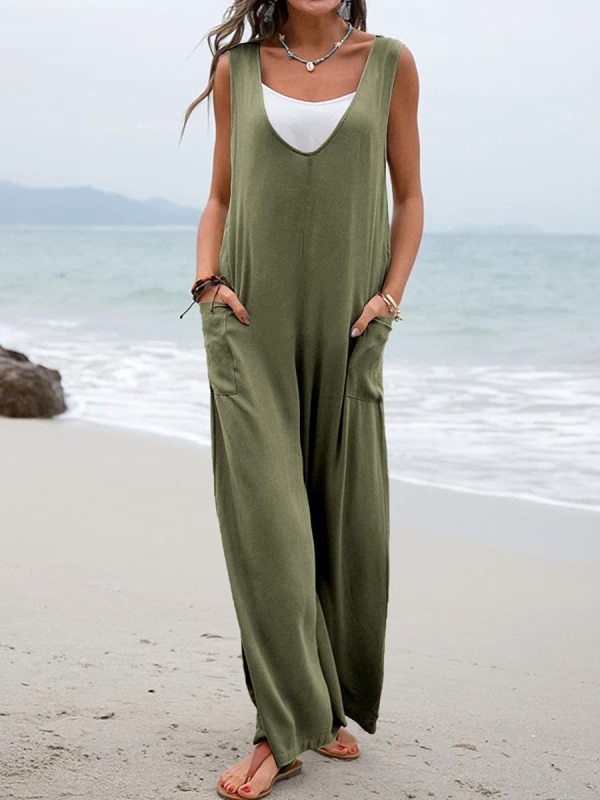 Solid color patch pocket fashion jumpsuit V-neck overalls wide-leg  Beach & everyday trousers - K - 5 COLORS -